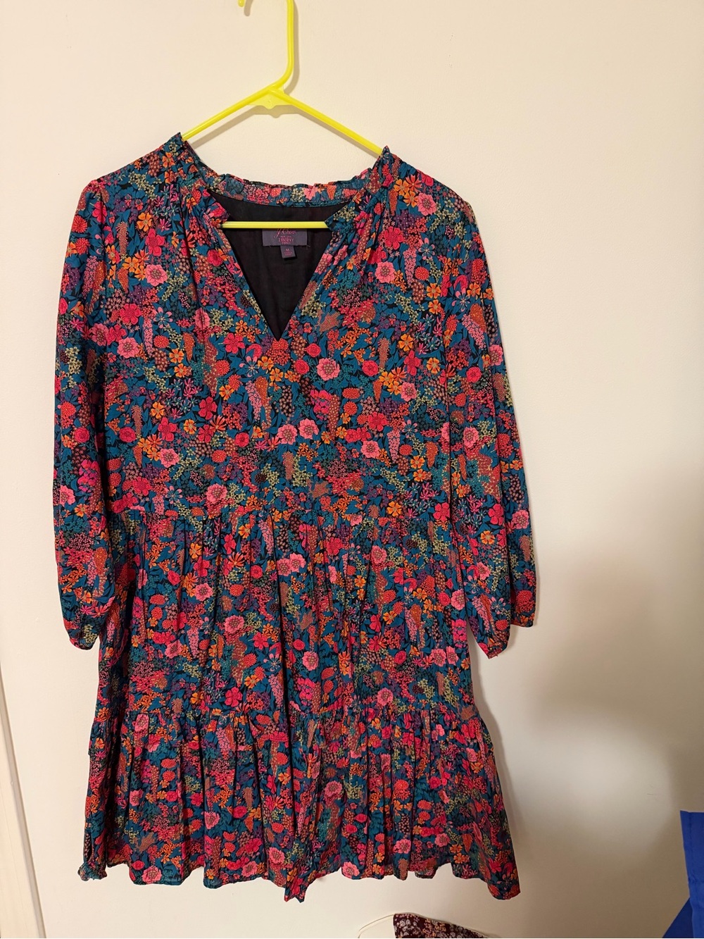 Floral V-Neck Tiered Dress in Teal and Pink